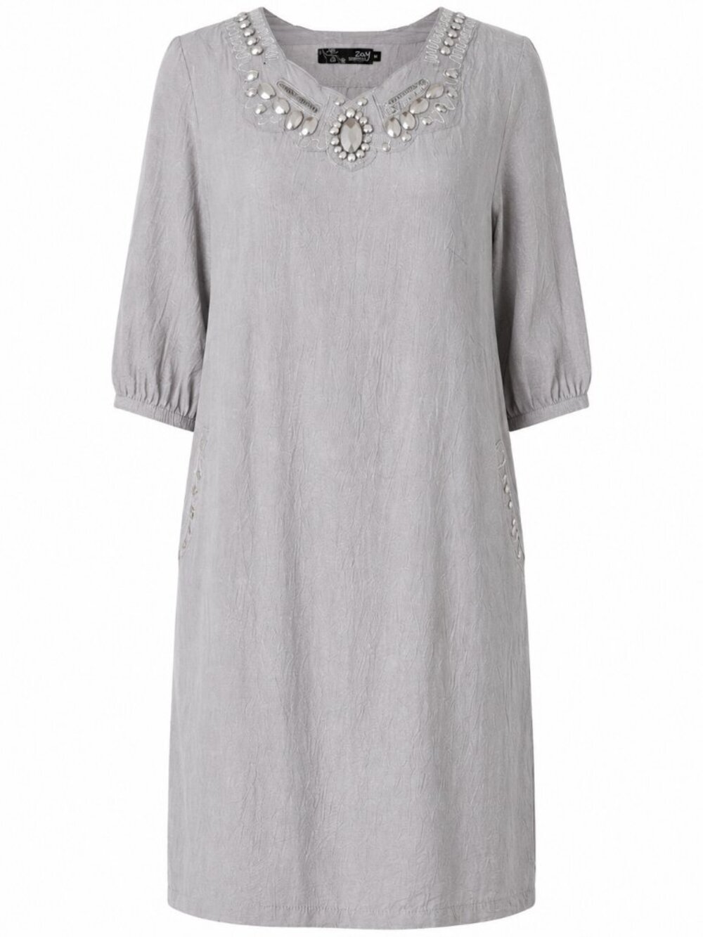 Steel Grey Rayon Dress with Metallic Appliqué & Rhinestones | Zay